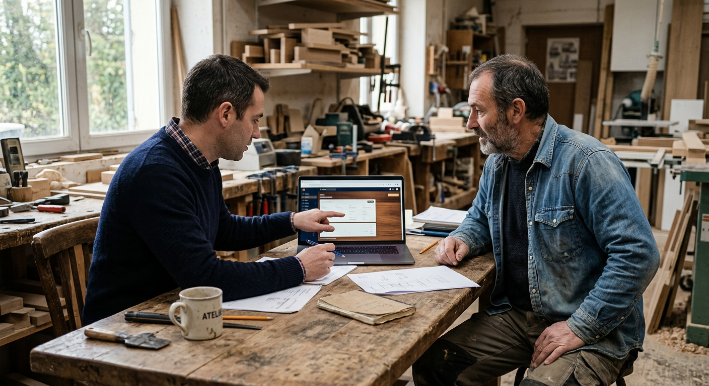 Un conseiller présente la plateforme de réception à un artisan dans son atelier
