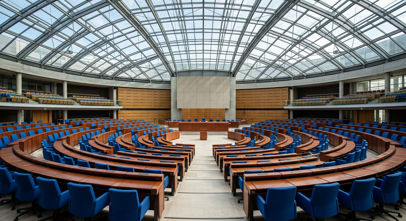 Hémicycle parlementaire européen aux sièges bleus